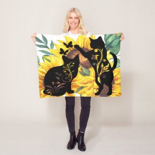 Sunflower Cats – Watercolor Floral Art Fleece Blanket