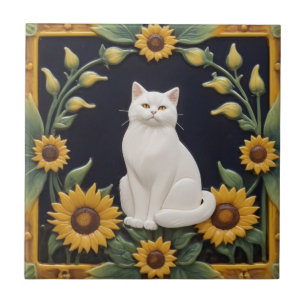 Sunflower Cats - White Cat & Yellow Sunflowers Ceramic Tile