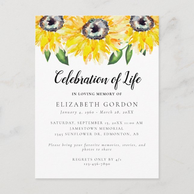 Sunflower Celebration of Life Funeral Memorial  Postcard (Front)