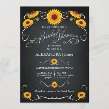 Sunflower Chalkboard Floral Bridal Shower Vintage Invitation by Ruxique at Zazzle