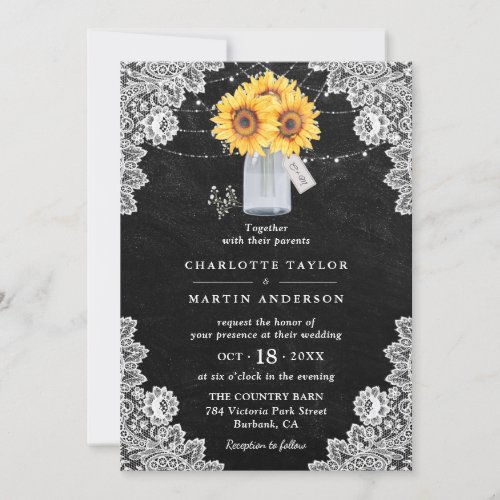 Sunflower Chalkboard Rustic Lace Mason Jar Wedding Invitation