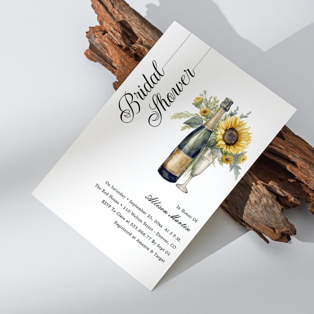 Sunflower Champagne Bridal Shower Invitation (Elegant Black Calligraphy Bridal Shower Invitation Personalized)