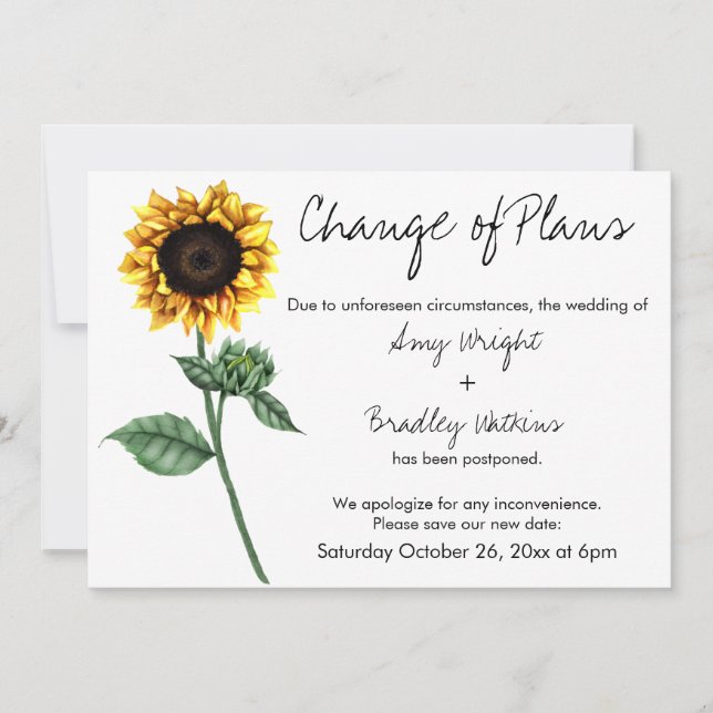 Sunflower "Change of Plans" Postponed Wedding Card (Front)