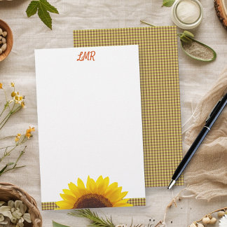 Sunflower Checkerboard Monogram Blank Writing Stationery