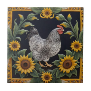 Sunflower Chicken - Gray Hen & Sunflowers Ceramic Tile