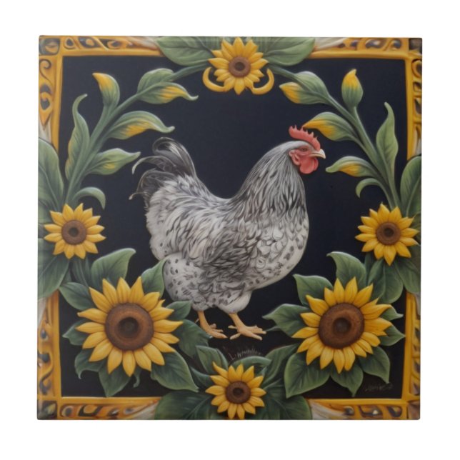 Sunflower Chicken - Gray Hen & Sunflowers Ceramic Tile (Front)