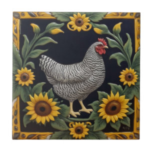 Sunflower Chicken - Grey Hen & Sunflowers Ceramic Tile