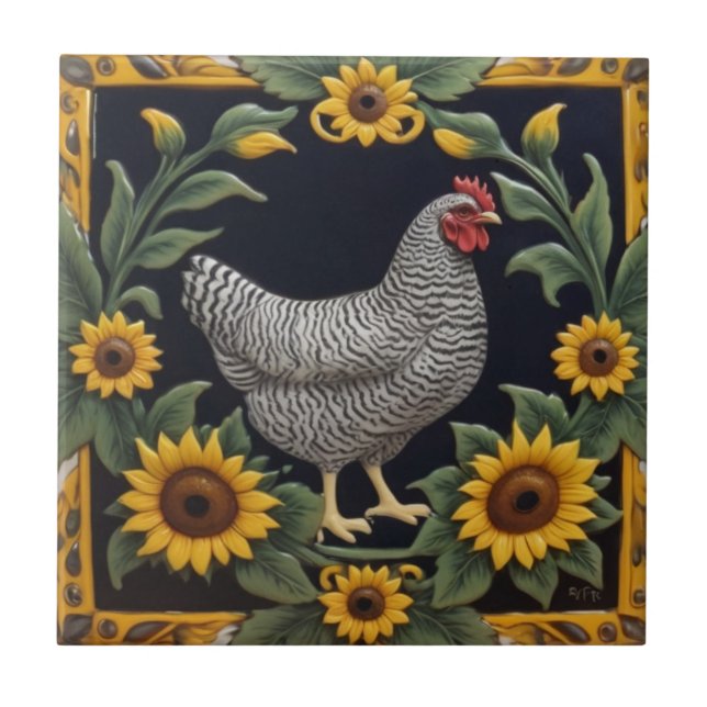 Sunflower Chicken - Grey Hen & Sunflowers Ceramic Tile (Front)
