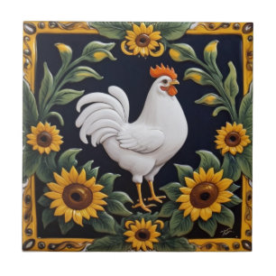Sunflower Chicken - White Hen & Yellow Sunflowers Ceramic Tile