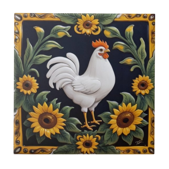 Sunflower Chicken - White Hen & Yellow Sunflowers Ceramic Tile (Front)