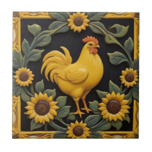 Sunflower Chicken - Yellow Hen & Sunflowers Ceramic Tile