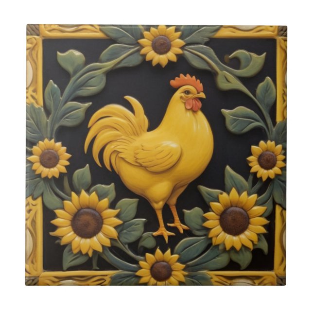 Sunflower Chicken - Yellow Hen & Sunflowers Ceramic Tile (Front)