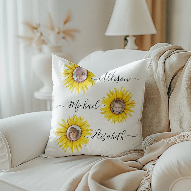 Sunflower Children | Grandchildren Photo Throw Pillow (Add a touch of sunshine to your décor with this pillow featuring photos of your grandchildren.)