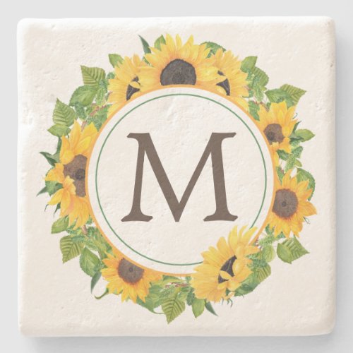 Sunflower Circle Monogram Stone Coaster