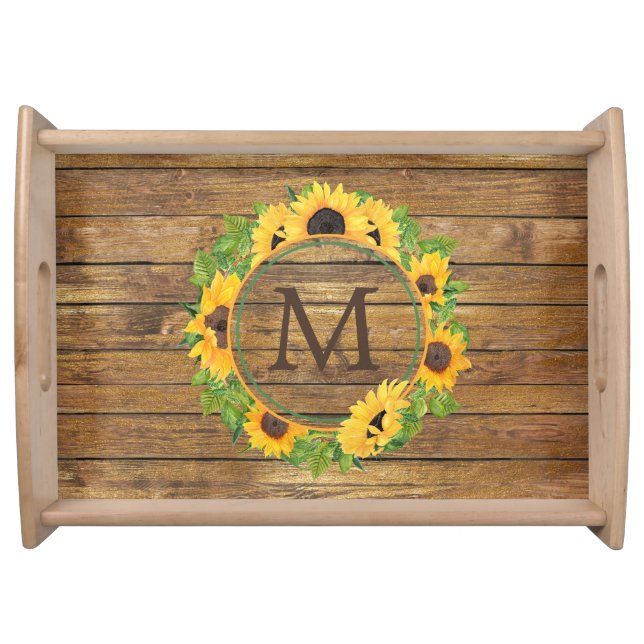 Sunflower Circle Wood Monogram Serving Tray (Front)