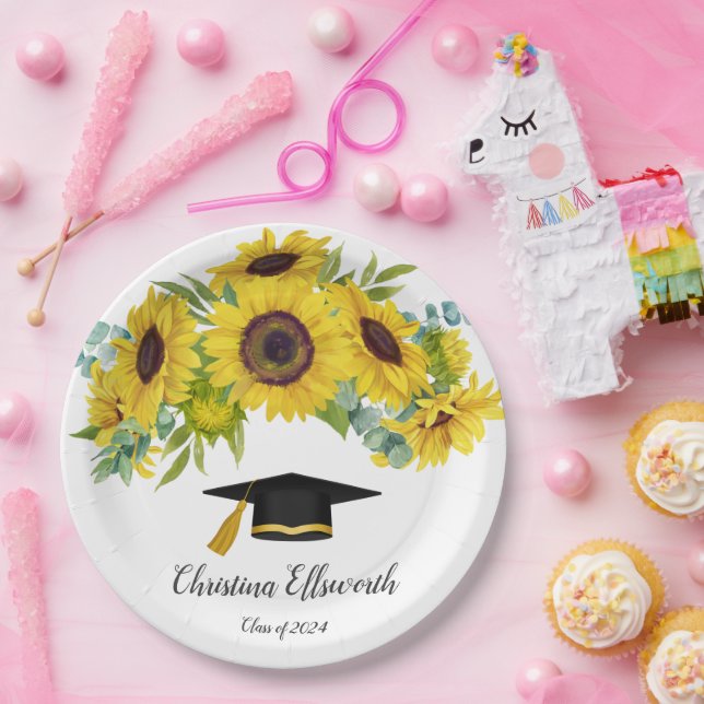 Sunflower Class of 2024 Custom Name Graduation Paper Plates (Party)