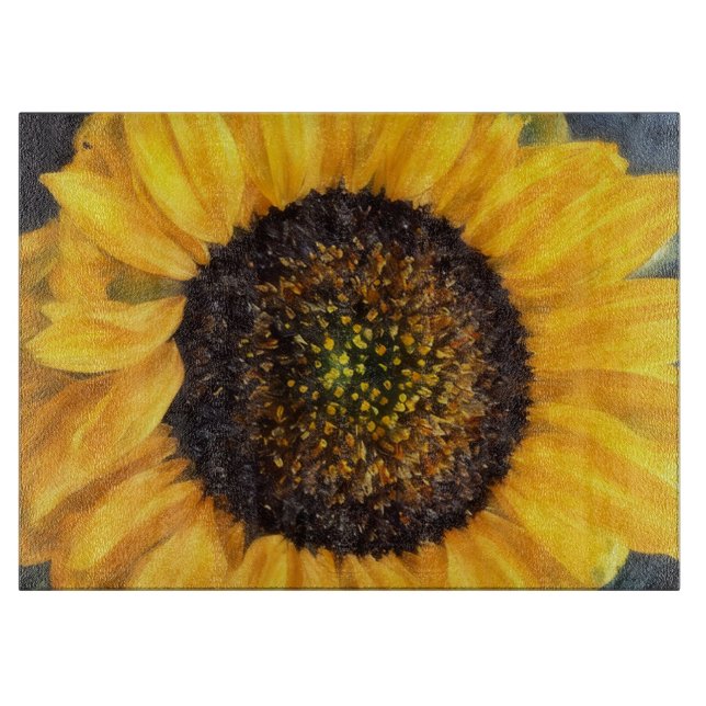 Sunflower Close Up Floral Art Glass Cutting Board (Front)