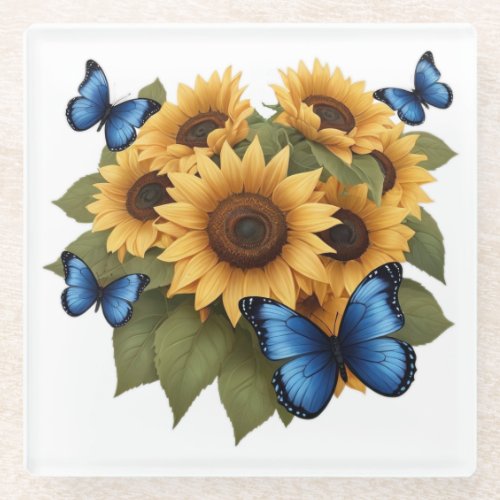 Sunflower Coaster with Blue Butterflies