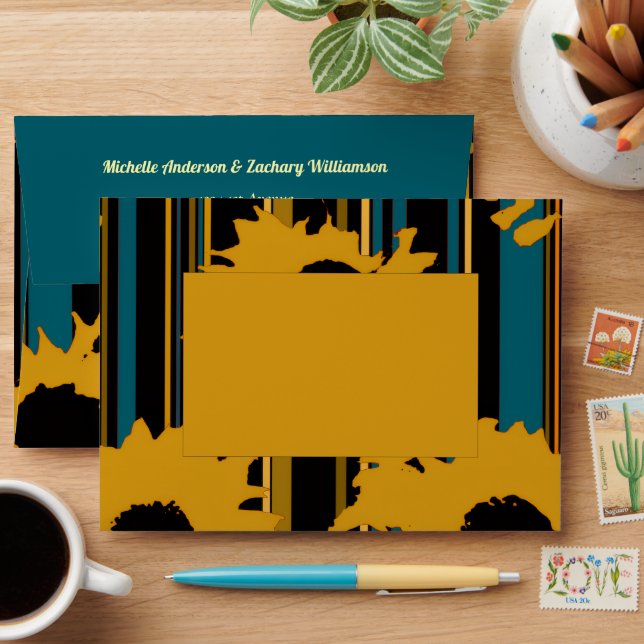 Sunflower Cobalt Blue Gold Modern Wedding  Envelope (Desk)