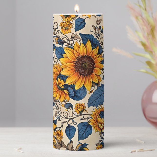Sunflower & Cobalt Botanical Pillar Candle (In Situ)