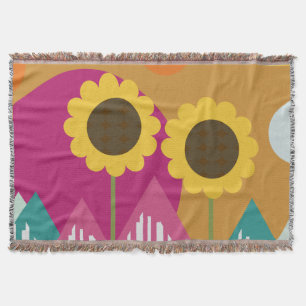 Sunflower Colorful Floral Greenery Yellow Orange Throw Blanket
