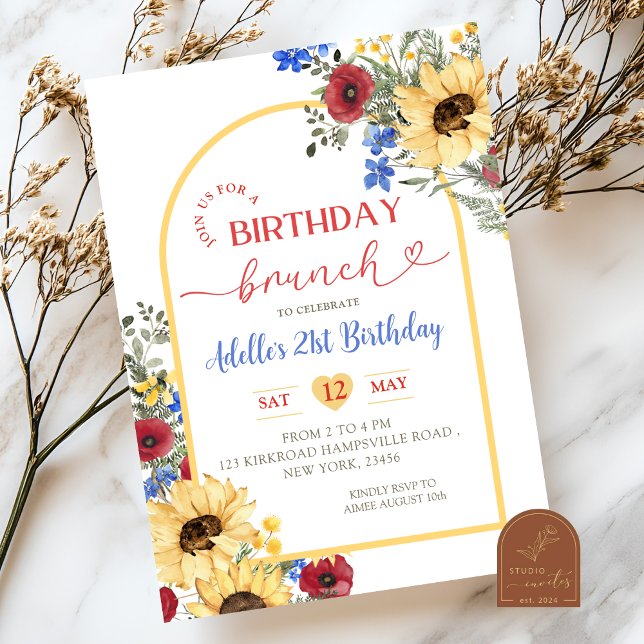 SUNFLOWER Colorful Flowers Summer Birthday Brunch Invitation (Creator Uploaded)
