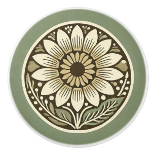 Sunflower Cottage Core Ivory Cream Sage Green Ceramic Knob