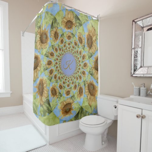 Sunflower Country Boho Floral Yellow Blue Monogram Shower Curtain