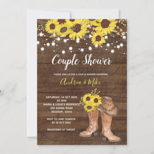 Sunflower country boots coed couple invitation