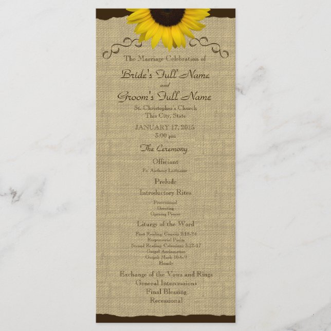 Sunflower Country Burlap Wedding Program (Front)