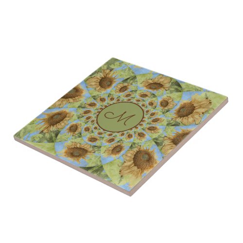 Sunflower Country Floral Yellow Green Monogram Ceramic Tile
