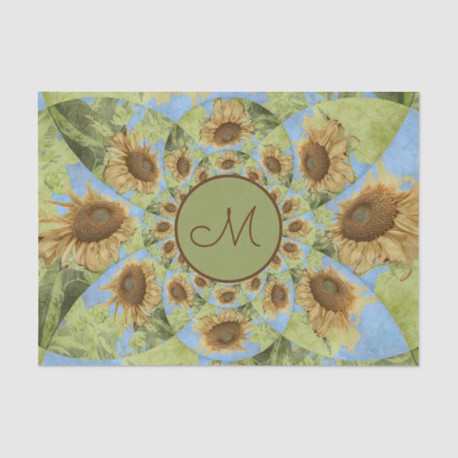 Sunflower Country Floral Yellow Green Monogram Tissue Paper (Front)