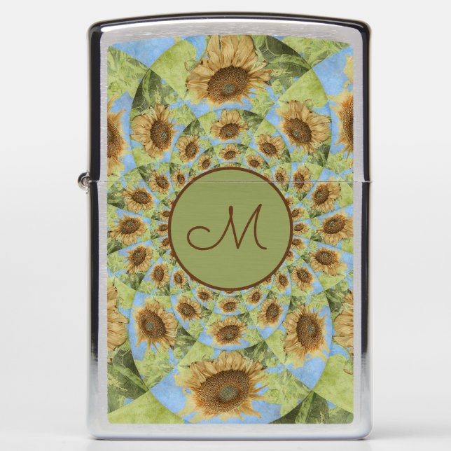 Sunflower Country Floral Yellow Green Monogram Zippo Lighter (Front)