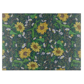 Sunflower Country Garden Print Glass Cutting Board