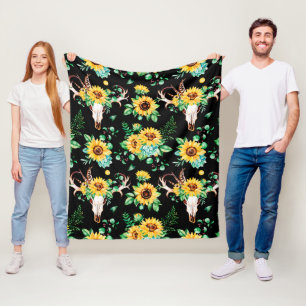 Sunflower Country In Black Fleece Blanket
