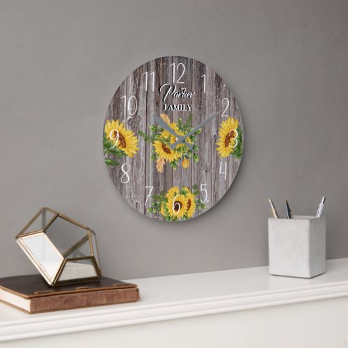 SunflowerCountry KitchenWood Rustic Family Name Large Clock