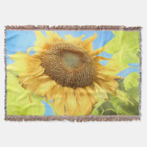 Sunflower Country Rustic Yellow Blue Watercolor Throw Blanket