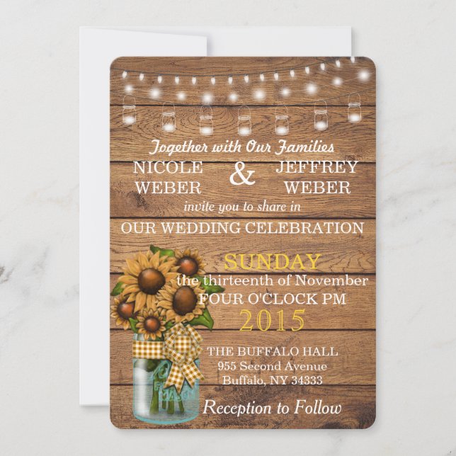 Sunflower Country Wood Mason Jar Wedding Invitation (Front)