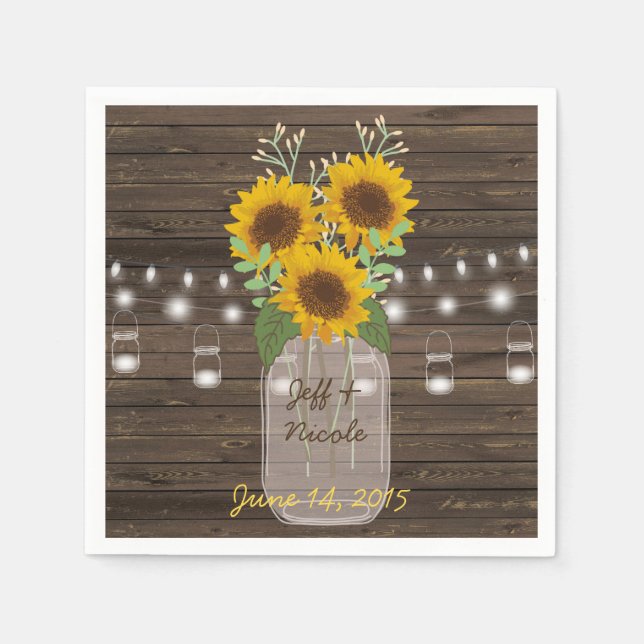 Sunflower Country Wood Mason Jar Wedding Paper Napkins (Front)