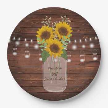 Sunflower Country Wood Mason Jar Wedding Paper Plates by My_Wedding_Bliss at Zazzle