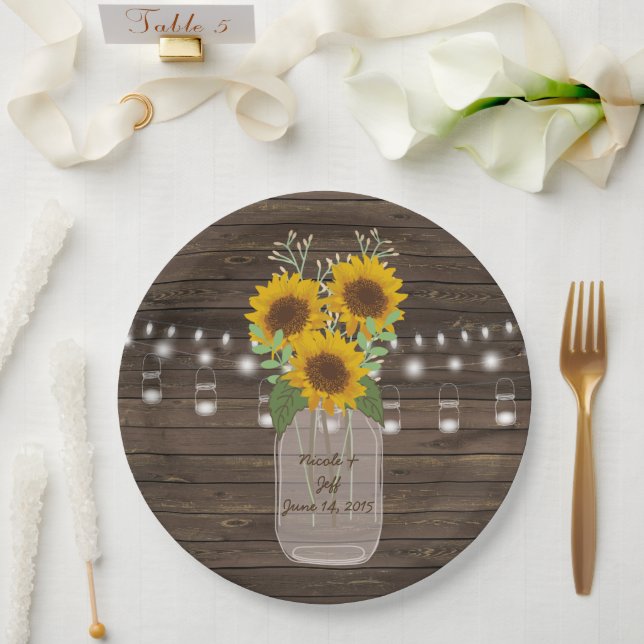 Sunflower Country Wood Mason Jar Wedding Paper Plates (Wedding)