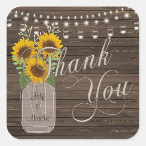 Sunflower Country Wood Mason Jar Wedding Square Sticker