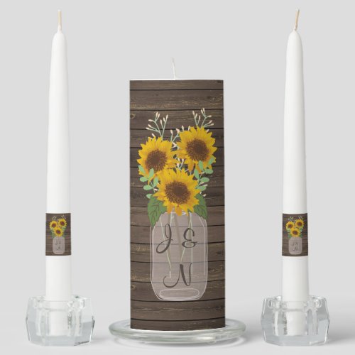 Sunflower Country Wood Mason Jar Wedding Unity Candle Set