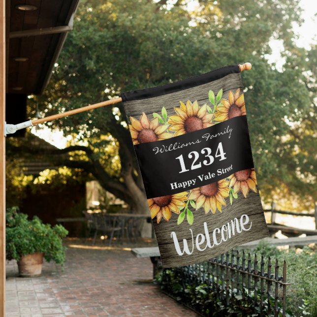 Sunflower Country Wood Monogram and Address House Flag (In SItu)