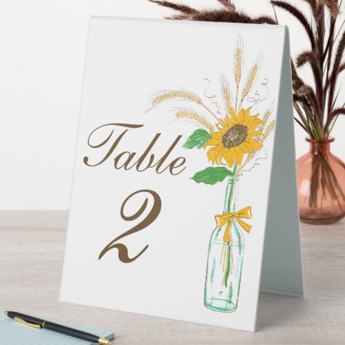 Sunflower Country Yellow Floral Wedding Number Table Tent Sign
