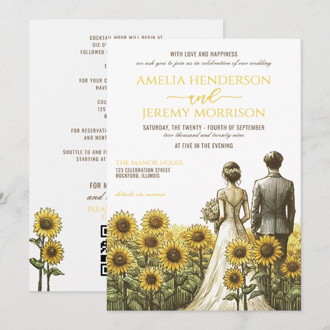 Sunflower Couple Wedding Invitation with Details (Front/Back)