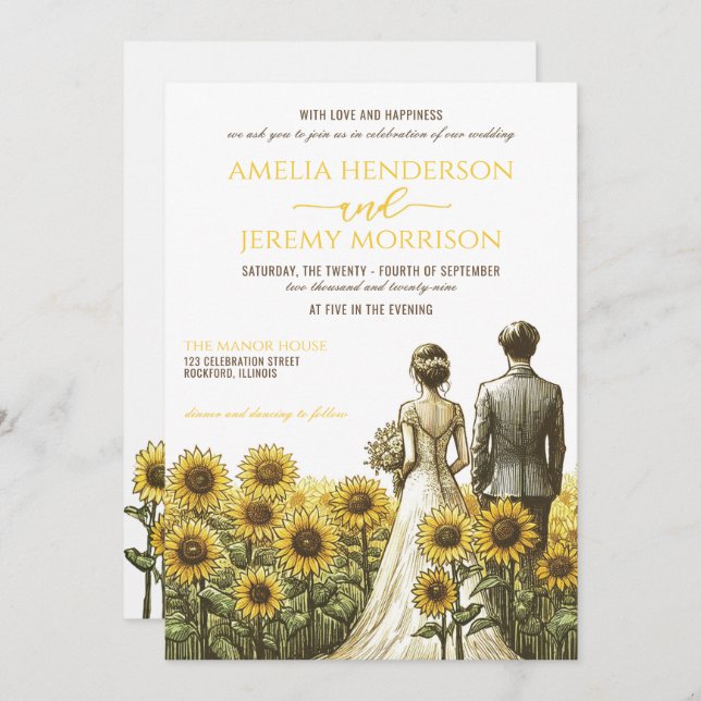Sunflower Couple Wedding Invitation with QR Code (Front/Back)