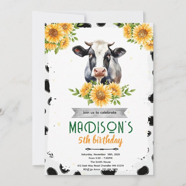 Sunflower Cow Birthday party invitation (Front)