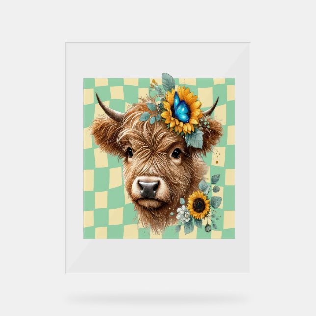Sunflower Cow , Cute Highland Cow Acrylic Sign (Front)