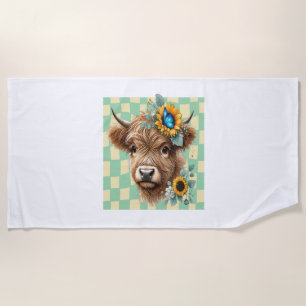 Sunflower Cow , Cute Highland Cow Beach Towel